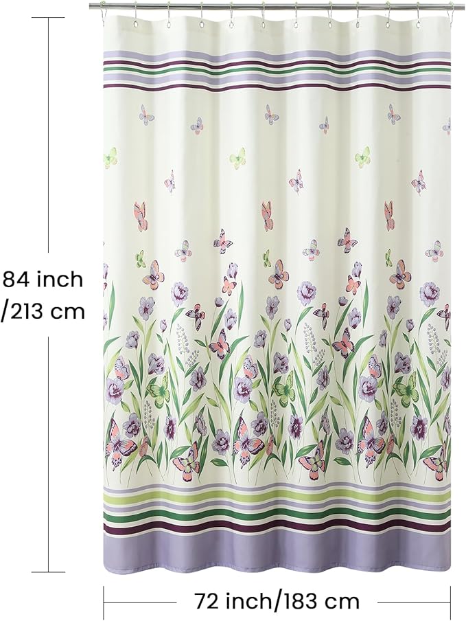 Extra Long Fabric Shower Curtain, Butterfly Garden Flower Plant Shower Curtains for Bathroom, Purple and Cream Floral Bathroom Curtains, 72" W x 84" H
