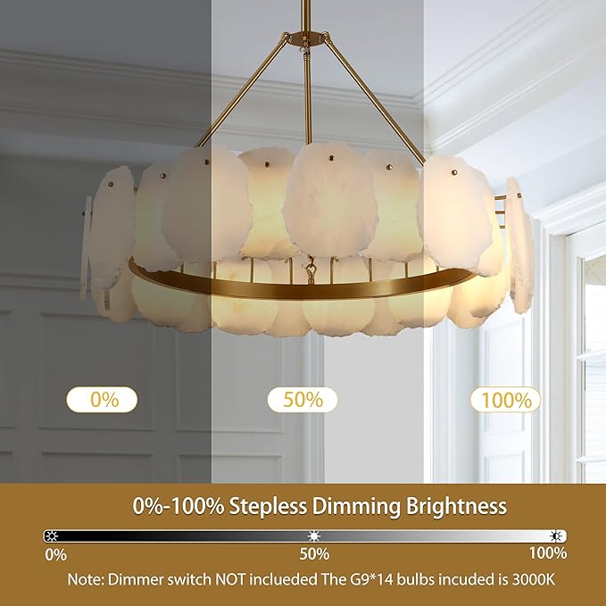 Round Alabaster Chandelier, 32in Spanish Marble Chandeliers for Dining Room, Alabaster Modern Chandeliers for Living Room, Adjustable Gold Chandelier for Bedroom, Bathroom, Kitchen, Foyer, Entryway