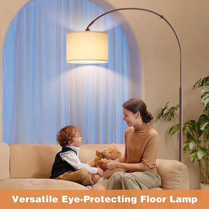 Ambimall Dimmable Arc Floor Lamp with Remote, Color Temperatures and Brightness Adjustable, Arched Floor Lamp with Rotating Head, Over Couch Arched Reading Light for Living Room (Deep Beige and Brown)