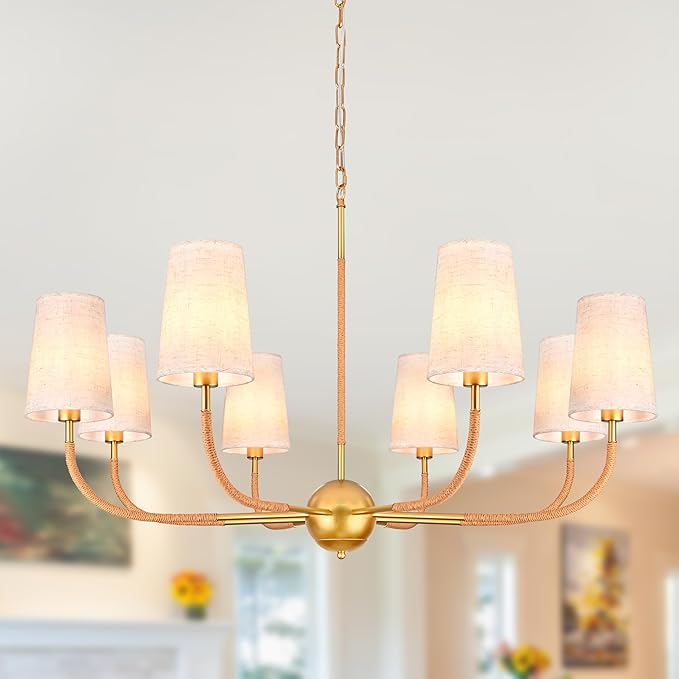 39" Gold Boho Fabric Chandelier for Living Room 8-Light Large Coastal Boho Pendant Light Fixture Bedroom Adjustable Rustic Farmhouse Chandeliers for Dining Room Kitchen Island Foyer