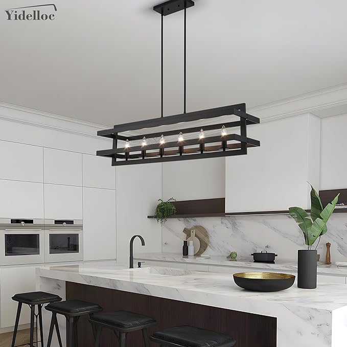 Black Chandeliers Rectangle Pendant Lights Kitchen Island Farmhouse Fixture Lights Cage 6-Lights Modern for Dining Room Living Room