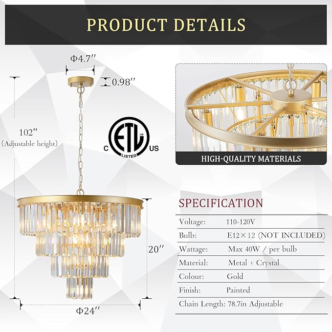 Gold Crystal Chandeliers 24” Modern Large Chandeliers Luxury 4-Tier 12 Lights K9 Crystal Round Ceiling Pendant Light Fixture Contemporary for Dining Room Foyer Staircase Living Room