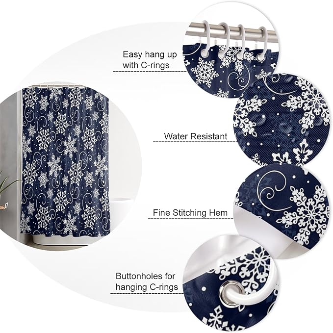 Vandarllin Christmas Shower Curtain, White Navy Snowflakes Pattern Shower Curtains Set with Hooks, Winter Waterproof Fabric Bathroom Curtains Decor Home Accessories, Stall Long 54 X 78 Inch