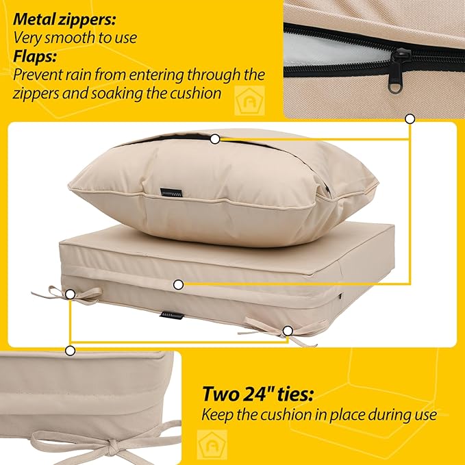 AAAAAcessories Outdoor Deep Seat Cushions, Waterproof, Fade-Resistant Patio Furniture Replacement Cushions, 24" x 24" x 5", Khaki Beige