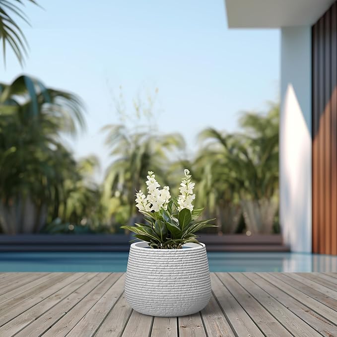 Kante 12.5" Dia Round Fluted Planter with Surface Indentations, Large Flower Pot with Drainage Hole for Indoor & Outdoor Plants, White Finish with Aqua Blue Interior