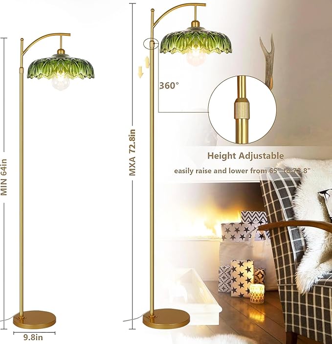 Glass Floor Lamp for Living Room,Bedroom,Gold Standing Lamp with Remote,Dimmable Brass Mid Century Modern Tall Lamp Vintage Retro Green Floor Lamps Boho Flower Floor Light Arc Bohemian