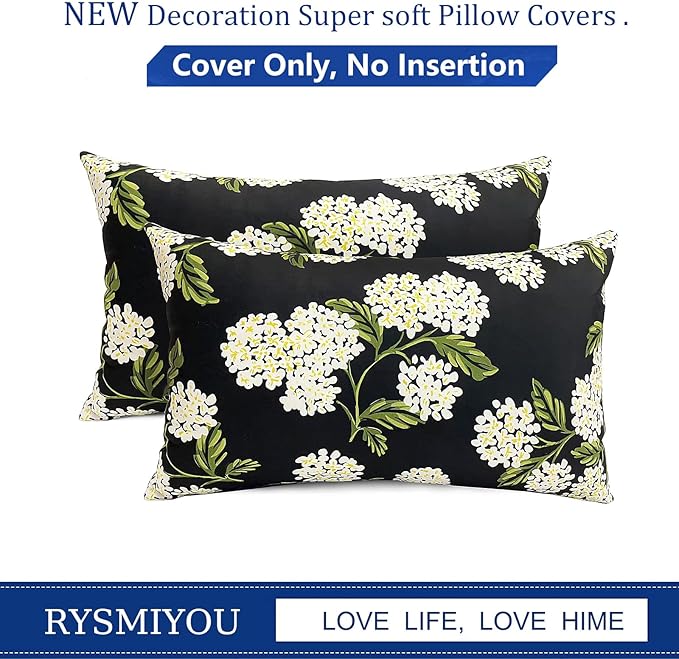 Decorative Throw Pillow Covers Set of 2 Black Hydrangea Pillow Covers 12x20 inch Super Soft Short Plush Square Floral Throw Pillows,Farmhouse Outdoor Pillow Covers for Couch Living Room
