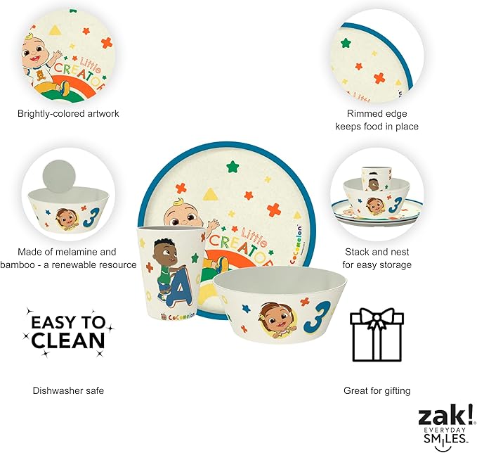 Zak Designs CoComelon Kids Dinnerware Set 3 Pieces, Durable and Sustainable Melamine Bamboo Plate, Bowl, and Tumbler are Perfect For Dinner Time With Family (JJ, Cody, Nina)