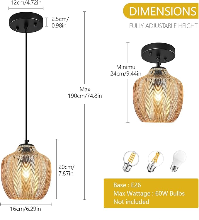 Amber Glass Pendant Lights Kitchen Island 1 Pack 6.29 in Glass Globe Pendant Light Fixture Adjustable Modern Farmhouse Pendant Lighting for Bedroom Dining Room