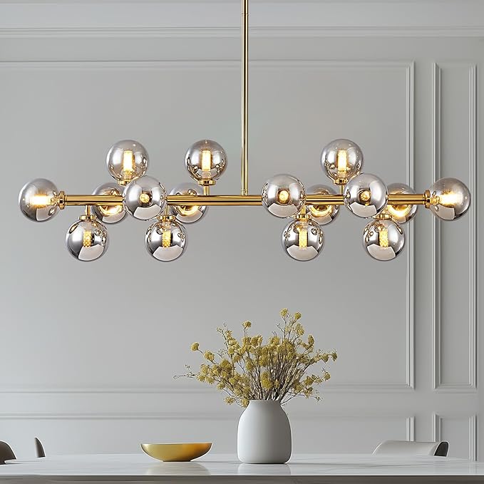 16-Light Globe Sputnik Chandelier, Mid Century Modern Light Fixture Over Table, Brass Gold Linear Chandeliers for Dining Room and Kitchen Island (Smoke Grey Glass Bubble Shades, 40 Inch)