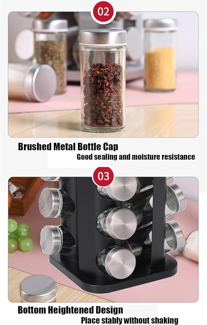 Spice Rack, Spice Rack Organizers for Countertop, Rotating Countertop Spice Rack, Revolving Spice Rack for Kitchen, Kitchen Gadgets, Organizer Rack with Spice Jars (Black, SquareHead_20Jars)