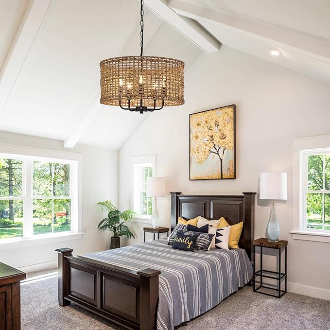 Hand-Woven Rattan Chandelier Vintage Farmhouse Boho Bamboo Chandeliers Light Fixture Rustic Retro 5-Lights Drum Wicker Rattan Black Chandelier for Dining Room, Kitchen, Living Room, E12