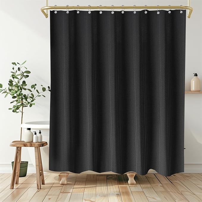 Boho Shower Curtain Set, Waterproof Fabric Shower Curtains, Luxury Hotel Style, Waffle Texture, Heavy Duty, Extra Long Bath Curtain, No Hook, Bathroom Decor, 72x84 Inch, Black