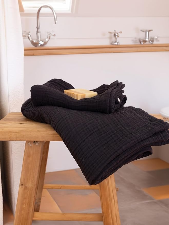 4 Pieces Muslin Towel Set for Bathroom, Luxury 100% Turkish Cotton Thin Soft Quick-Dry Lint-Free Large Size Bath Hand Towel Sets (Black, 2 Bath & 2 Hand Towel Set)