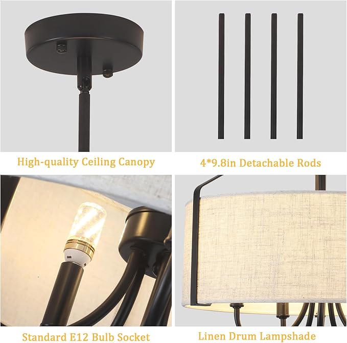 18'' Black Drum Chandelier for Dining Room Light Fixture 5-Light Modern Farmhouse Chandelier with Beige Linen Fabric Lampshade Large Drum Pendant Light Fixture for Kitchen Living Room Bedroom