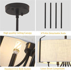 18'' Black Drum Chandelier for Dining Room Light Fixture 5-Light Modern Farmhouse Chandelier with Beige Linen Fabric Lampshade Large Drum Pendant Light Fixture for Kitchen Living Room Bedroom