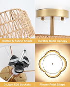 WILON Rattan Flush Mount Ceiling Light, 3-Light Boho Light Fixture with Fabric Shade, Woven Wicker Semi Flush Mount Light Fixture for Hallway Entryway Nursery Bedroom Kitchen Laundry Room