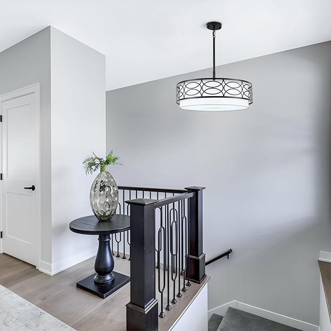ALISADABOY Drum Chandeliers for Dining Room 21.65’’ Inch Modern Farmhouse Black Chandelier 5 Light Contemporary Hanging Pendant Light Fixture for Living Room Kitchen Island Foyer Entryway Stairway