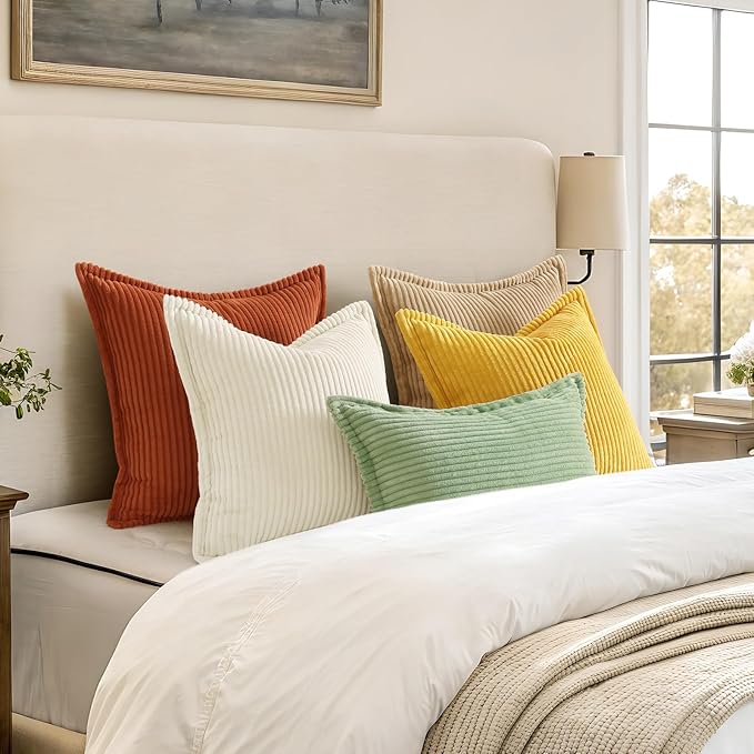 decorUhome Corduroy Sage Green Throw Pillow Covers 12x20 Set of 2 Decorative Soft Boho Farmhouse Lumbar Euro Couch Pillow Covers for Living Room Bed Sofa Broadside Striped Pillow Cases