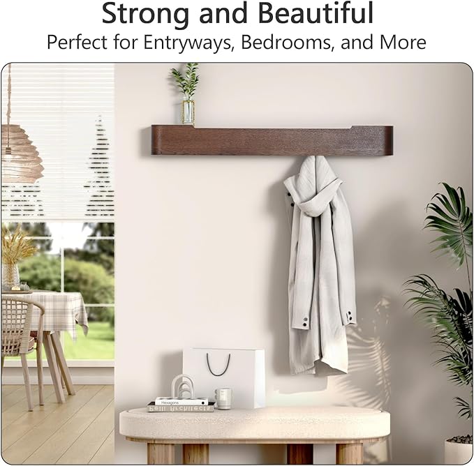 Coat Rack Wall Mount with Hidden Hooks Entryway Hanging Shelf Modern Wood Coat Hanger for Bedroom Kitchen Hallway Bathroom (Walnut,32.7 Inch Long)