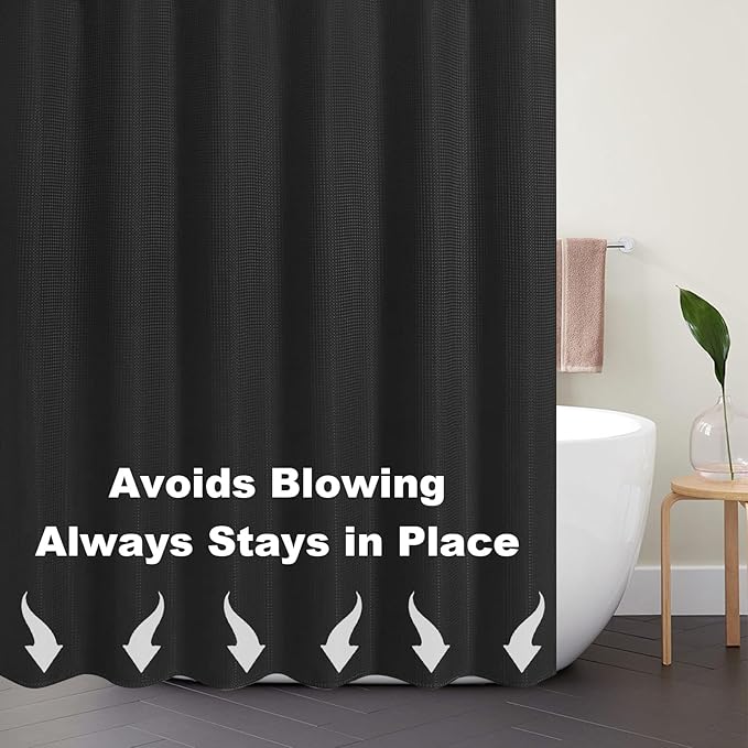 Boho Shower Curtain Set, Waterproof Fabric Shower Curtains, Luxury Hotel Style, Waffle Texture, Heavy Duty, Extra Long Bath Curtain, No Hook, Bathroom Decor, 72x84 Inch, Black