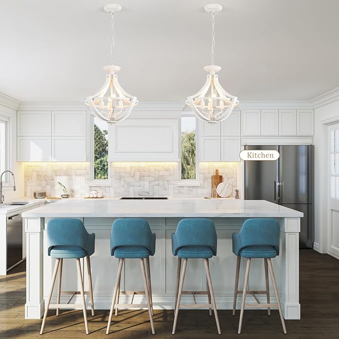 4-Lights French Country Chandelier Farmhouse Chandeliers Handmade Semi Flush Mount Ceiling Light Fixture Wood Pendant Light White Chandeliers for Entryway Foyer Hallway Kitchen Dining Room