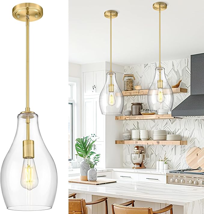 Gold Pendant Lights Kitchen Island, 8" Large Hanging Light Fixtures with Clear Glass Shade, Modern Brass Kitchen Pendant Lighting Over Island for Dining Room, AD-25045-1PB-GD