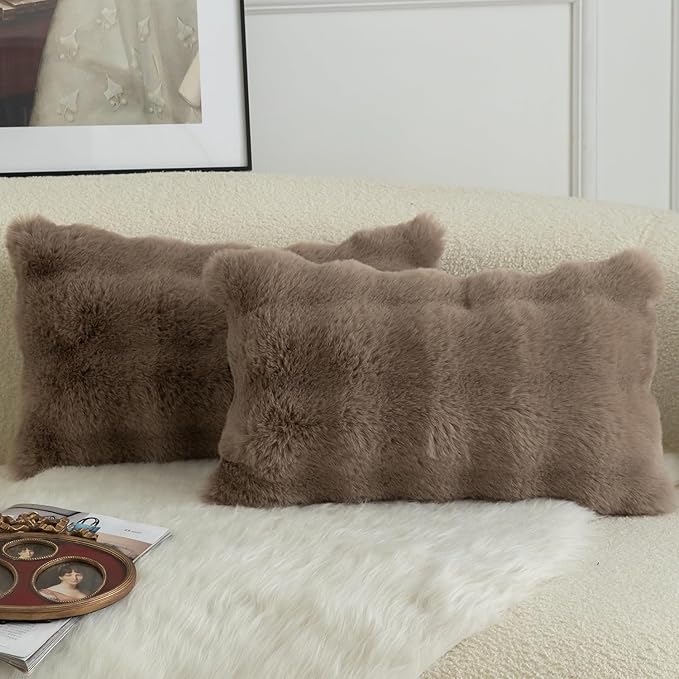 Mandioo Pack of 2 Thick Plush Wool Decorative Throw Pillow Covers Super Soft Wave Bubble Fur Velvet Cushion Covers Pillow Shams for Couch Bed Living Room 16x24 Inch Taupe