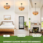 Rattan Pendant Light Boho Wicker Chandelier Kitchen Island Lighting 2-Tier Drum Basket Hanging Light Woven Shade Dinning Room Light Fixture Living Room Bedroom Entrance Farmhouse Chandeliers