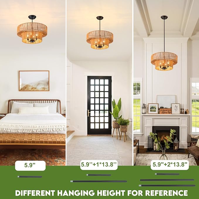Rattan Pendant Light Boho Wicker Chandelier Kitchen Island Lighting 2-Tier Drum Basket Hanging Light Woven Shade Dinning Room Light Fixture Living Room Bedroom Entrance Farmhouse Chandeliers