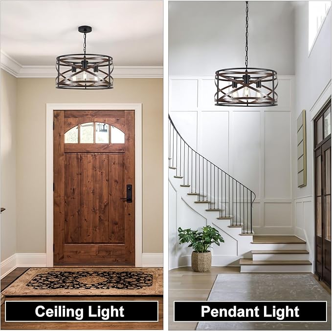 Black Farmhouse Chandeliers for Dining Room, 3-Light 18.5" Drum Chandelier Rustic Wood and Black Metal Hanging Light Fixture for Entryway Kitchen Foyer Bedroom