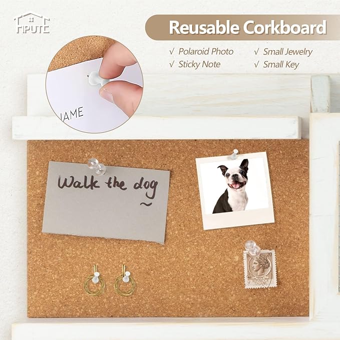 Key Holder for Wall with Mail Organizer,Farmhouse Mail and Key Holder for Wall,Key Hanger with ‌Metal 11 Hooks,Corkboard,and Shelf,Decorative Natural Pine Wood Entryway Organizer,14.6*11.1*3.3”,White