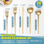 Lemeya Matte Gold Silverware Set for 4,Modern Stainless Steel Brushed Cutlery Set,20-Pieces Heavy Duty Flatware Set,Knives Spoons and Forks Set Utensils Set, Satin Finish, Dishwasher Safe