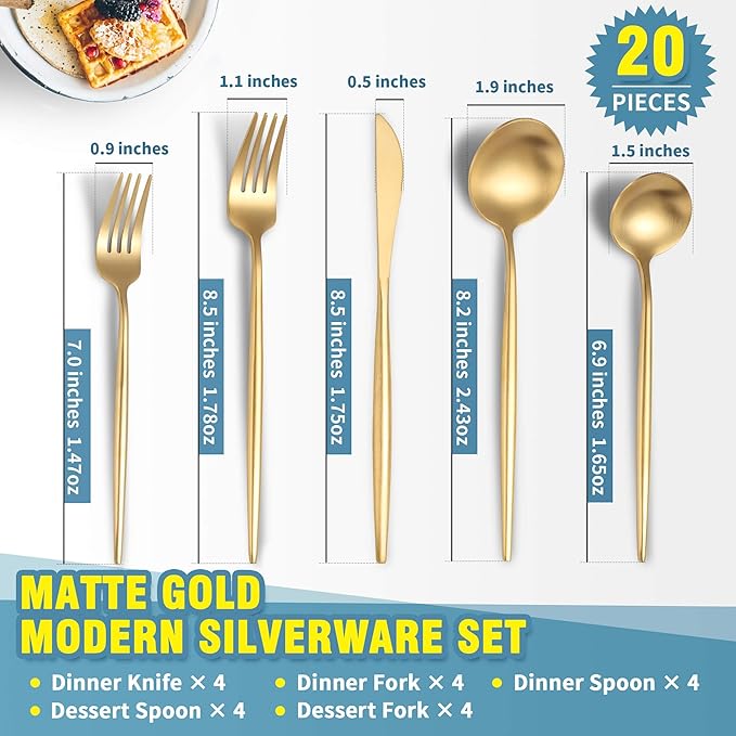 Lemeya Matte Gold Silverware Set for 4,Modern Stainless Steel Brushed Cutlery Set,20-Pieces Heavy Duty Flatware Set,Knives Spoons and Forks Set Utensils Set, Satin Finish, Dishwasher Safe
