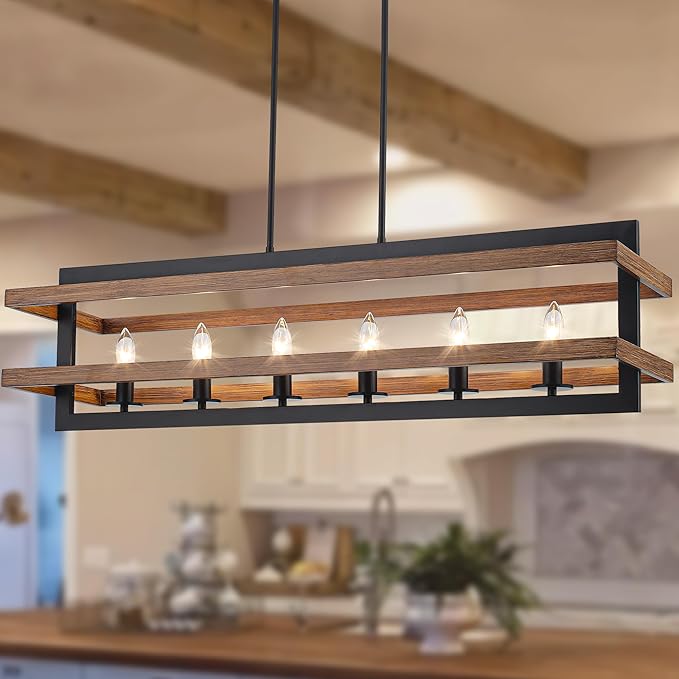 Farmhouse Dining Room Light Fixtures Rectangle Chandeliers Kitchen Island Lighting Vintage Pendant Lights Fixture 6-Lights Wood Grain Iron Chandelier for Dining Room Living Room Kitchen