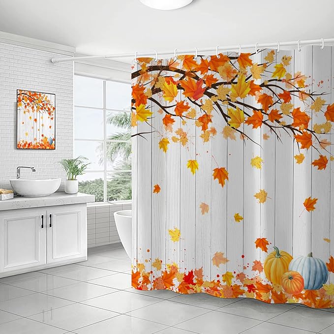 Metawu Fall Shower Curtain Autumn Farmhouse Shower Curtain Fallen Leaves Pumpkin Waterproof Shower Curtain Sets Washable Shower Curtain 72"×72" with 12 Hooks Bathtubs Bathroom Accessories