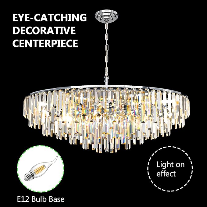 Chrome Modern Round Top K9 Crystal Chandelier Lighting Fixture, 17 Lights Round K9 Crystal Adjustable Hanging Lamp for Dining Room Bedroom Living Room,Hallway,Bar,Kitchen W39''