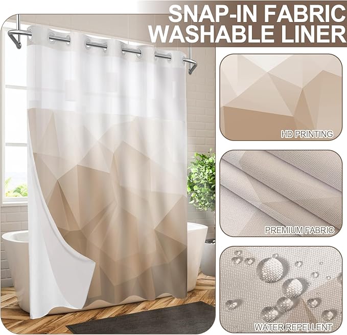 No Hook Shower Curtain with Snap in Liner and Sheer Window, Brown Modern Geometric Fabric Shower Curtain Set for Bathroom Decor, 15-Second Quick Install, Abstract Irregular Ombre, 71"X86"