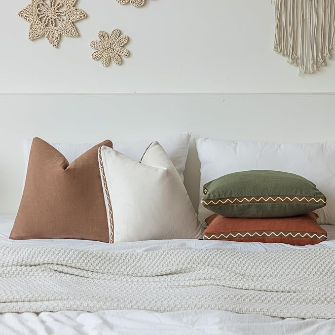 Decorative Neutral Linen Throw Pillow Covers 20x20 Inch Set of 2, Terracotta Boho Farmhouse Pillow Covers with Braid Fringe for Sofa Bed Modern Couch Pillow Cases for Organic Home Decor