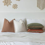 Decorative Neutral Linen Throw Pillow Covers 18x18 Inch Set of 2, Burnt Orange Boho Farmhouse Pillow Covers with Braid Fringe for Sofa Bed Modern Couch Pillow Cases for Organic Home Decor