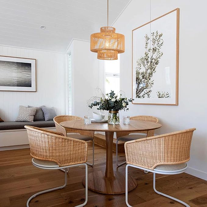 Rattan Pendant Light Boho Chandelier for Dinning Room Bohemian Hanging Lights 3-Tier Rattan Chandelier Basket Light Woven Light for Bedroom Entrance Hallway Kitchen Island Light Fixture