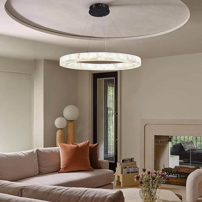 Alabaster Chandelier Spanish Natural Marble Round D30in Chandeliers, Modern Living Room Chandelier, Alabaster Pendant Light Fixture, Dimmable Chandeliers for Bedroom, Entryway, Foyer, Hallway