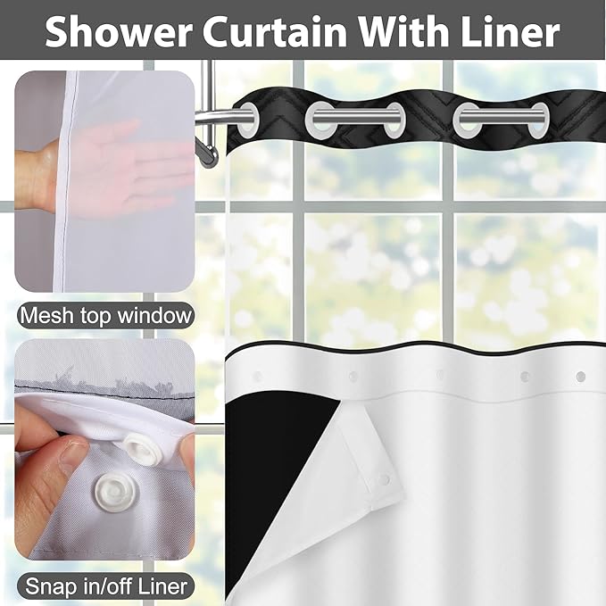 No Hook Shower Curtain Set with Snap in Liner, Black Jacquard Tufted Geometric Bath Curtain, Boho Luxury Hotel Bathroom Decor, Waterproof Washable, 71 x 86 Inch