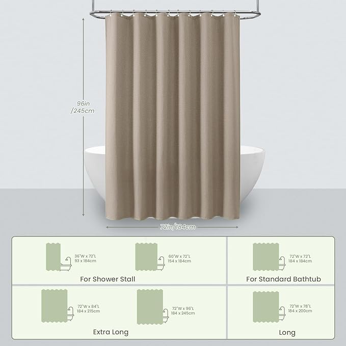 Inhousolu Fabric Shower Curtain Waffle Weave, 230 GSM Heavy Duty, Weighted Hem, 14 Metal Hooks, Water Repellent, Machine Washable, Hotel Spa Luxury Bath Curtain Set, 72 x 96 Inch, Beige