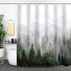 Green Misty Forest Shower Curtain Pine Tree Mountain Nature Woodland Bathroom Curtains Waterproof Polyester Fabric Bath Curtain 72 x 72 Inch with 12 Hooks