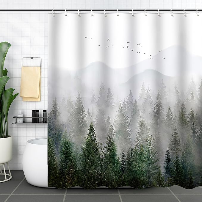Green Misty Forest Shower Curtain Pine Tree Mountain Nature Woodland Bathroom Curtains Waterproof Polyester Fabric Bath Curtain 72 x 72 Inch with 12 Hooks