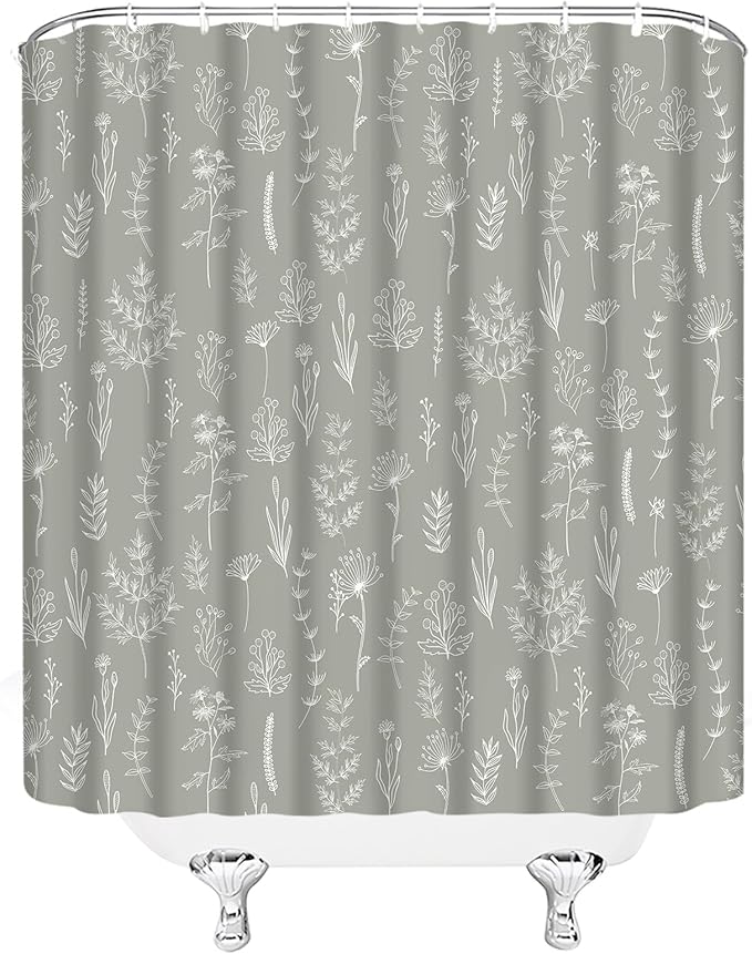 Grey Botanical Shower Curtain Vintage Herbs Floral Farmhouse Cute Boho Leaves Plant Retro Flowers Bathroom Curtain Set with Hooks(70" Wx78 H)
