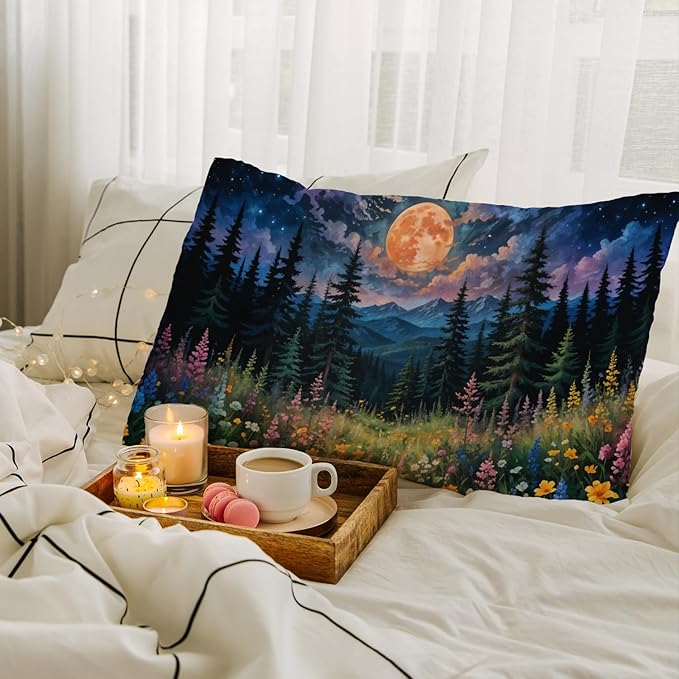 JINYO Boho Floral Moonlit Forest Mountain Pillow Covers 12x20 inch, Watercolor Full Moon Night Nature Scenery Decorative Pillow Covers for Home Bedroom Living Room Office Decor