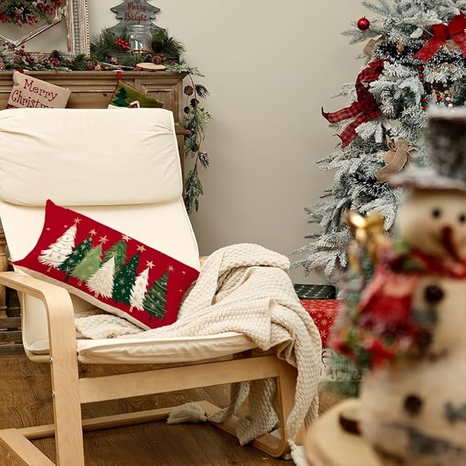 AACORS Christmas Pillow Cover 12X20 Inch Watercolor Christmas Tree Stars Decoration Holiday Farmhouse Winter Pillow Case for Sofa Couch Decor（Red） AA231-12-N