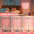 Pink Lamp for Girls Room, 3-Way Dimmable Touch Lamps with USB Port, Girls Lamp with Tassel Lampshade, Pink Table Lamp for Bedroom, Living Room, Dresser, Nightstand, LED Bulb Included